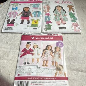 Lot of 3 patterns for American Girl Dolls and 2 for 18” dolls